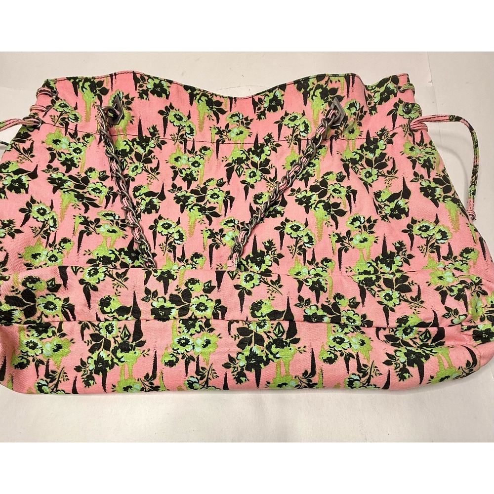 Volcom 2000s Pink Green Floral Large Tote Bag Chain Handles Hobo Beach Casual - Picture 14 of 16